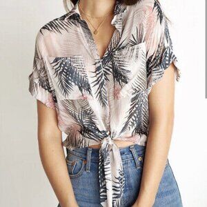 Cloth & Stone Tropical Tie-Front Palm Leaves Large Women's Rayon Blouse Top EUC